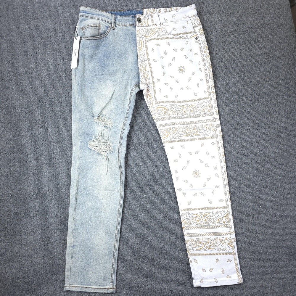 KDNK Jeans Mens 38x31 White Light Wash Paisley Distressed Skinny Y2K Streetwear